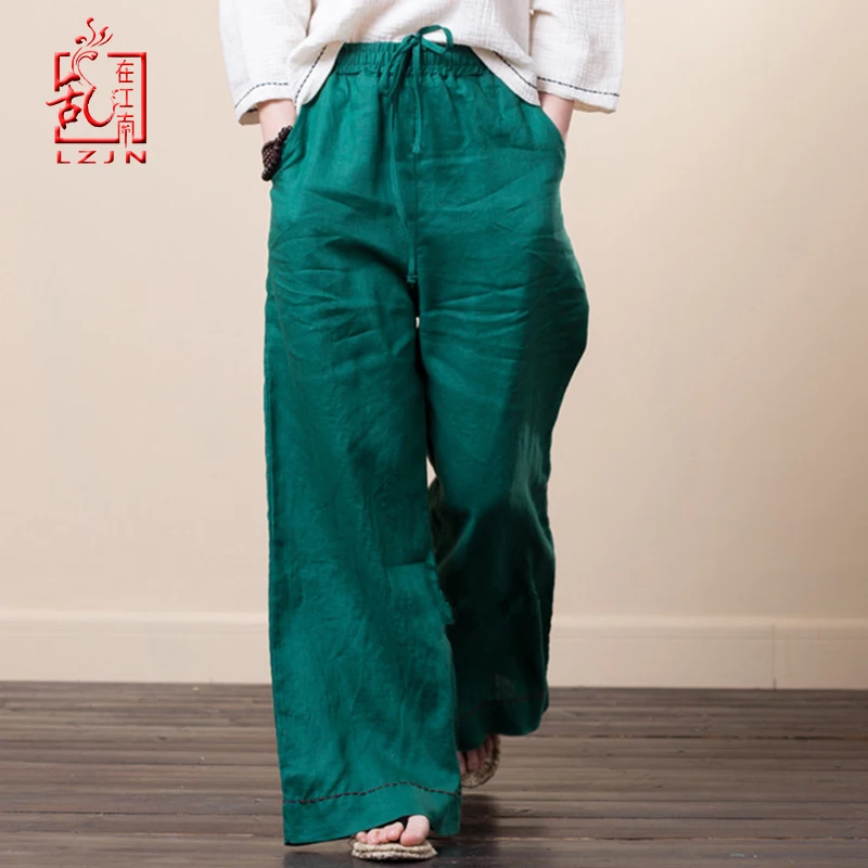 

LZJN Women Culottes Wide Leg Pants 2019 Summer Long Trousers Elastic Waist Pockets Solid 100% Linen Pants Loose Bottom Plus Size