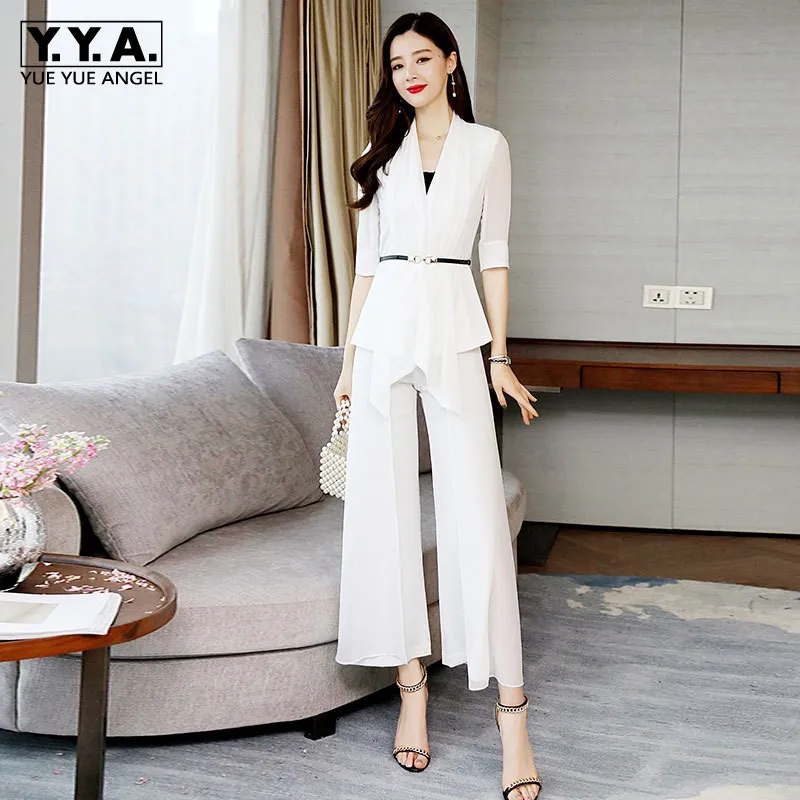 Zomer Business Vrouwen Werken Onregelmatige Cape Lange Jas Wijde Pijpen Broek Outfits Pak Chiffon Office Dames Suits Sjerpen Conjunto Set Zomer Business Vrouwen Werken Onregelmatige Cape Lange Jas Wijde Pijpen Broek Outfits Pak Chiffon Office Dames Suits Sjerpen Conjunto Set