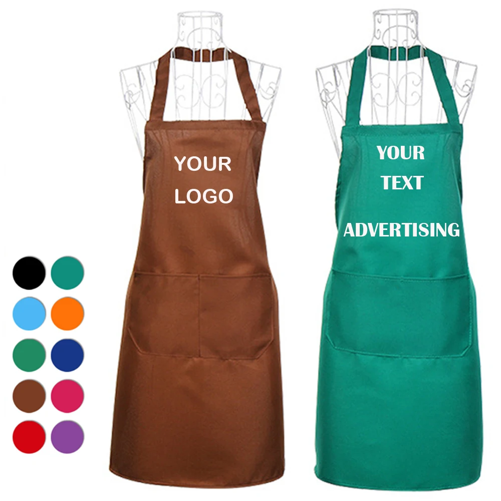 

Free Shipping Customized Your Logo 2 Front Pockets Plain Color Comfortable Unisex Cheap Kitchen Apron