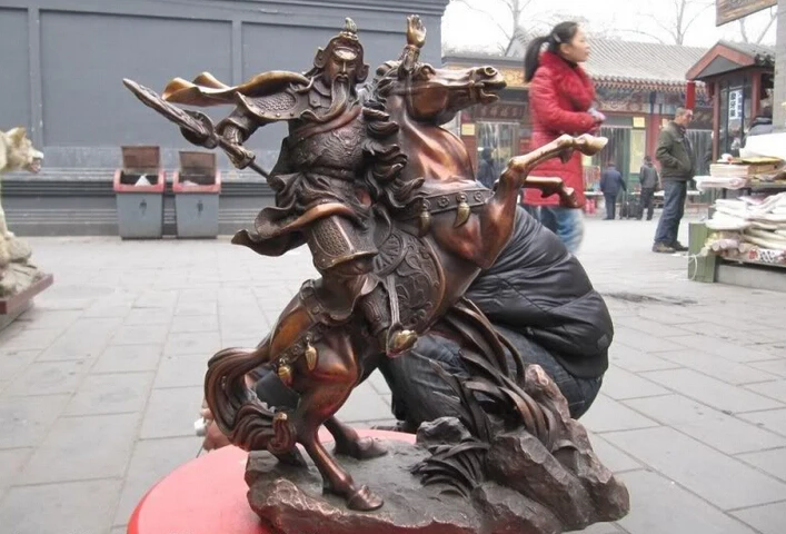 

Collectible bronze S2790 14" China Red Bronze craftwork famous Guan Gong warrior Ride on Horse statuary