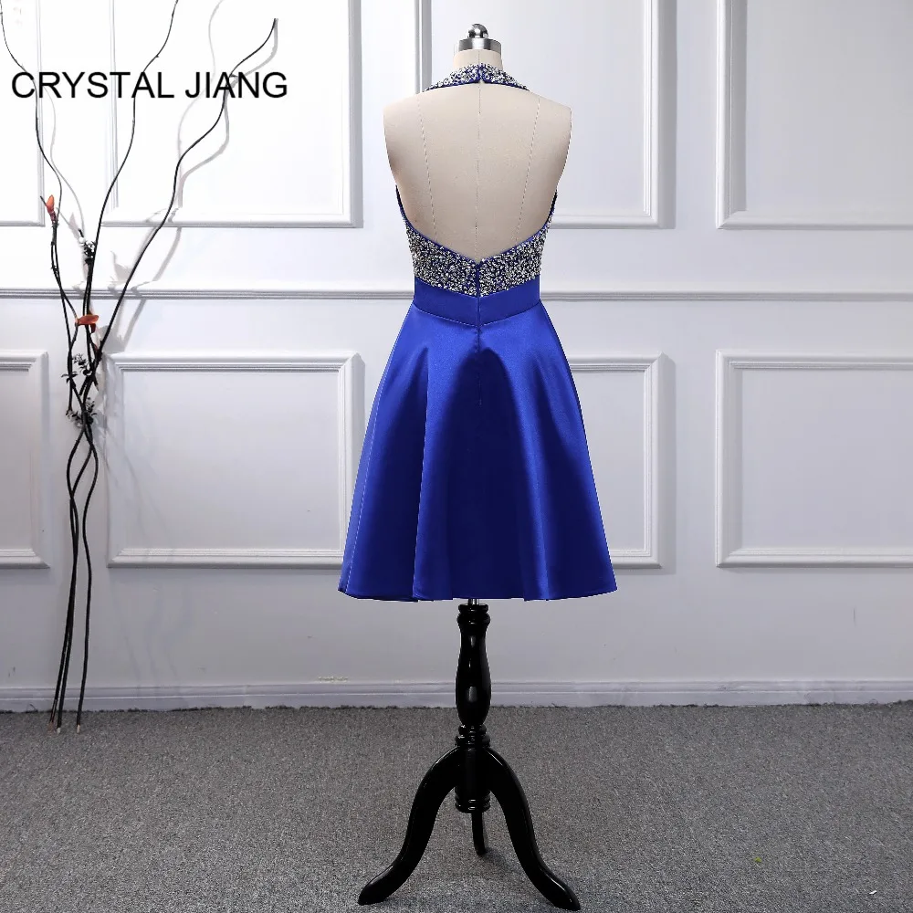 Hot Sale Cocktail Party Dress Robe cocktail Halter Heavy Beading Royal Blue Satin Sexy Open Back Short Mini Cocktail Dress