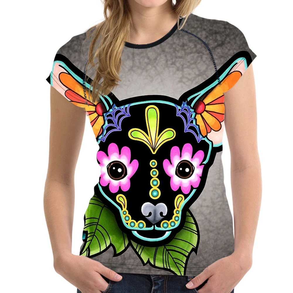 NoisyDesigns Kawaii 3D Собака Французский бульдог печатные женщин футболки День мертвых
