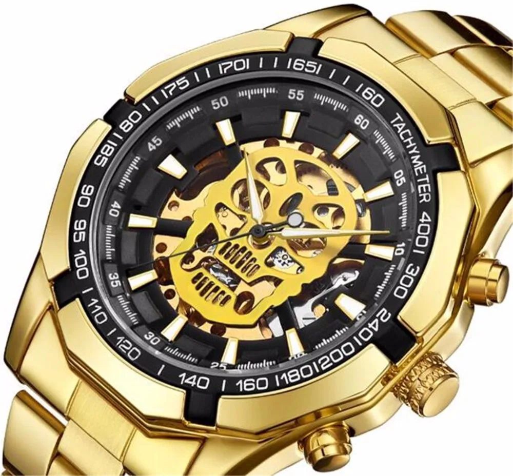 Prix Mode Montres Mécaniques Pour Hommes Crâne Conception De Marque De Luxe En Acier Inoxydable Doré Squelette Automatique Montre Bracelet Relogio Masculino