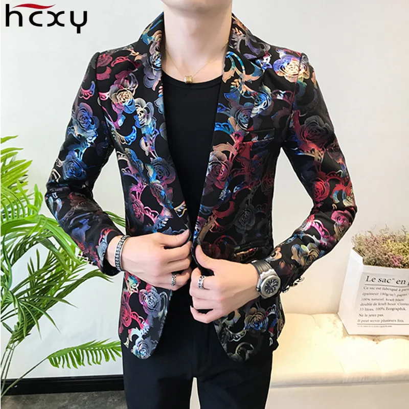 HCXY 2018 Floral Stylish Blazers For Men Slim Fit Mens Blazer Pattern Printed Blaser Homens Night club M-3XL | Мужская одежда