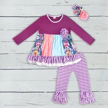 Модная одежда с разрезом; Весенняя детская одежда; Лидер продаж; фиолетовое платье и штаны в полоску; хлопковая Изысканная одежда для девочек; одинаковая повязка на голову