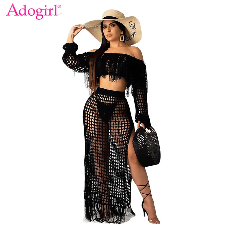 Adogirl الجوف خارج شبكة صيد السمك شرابة محبوك اثنين من قطعة مجموعة الصيف الشاطئ اللباس معطلة الكتف فانوس كم المحاصيل الأعلى + ماكسي تنورة