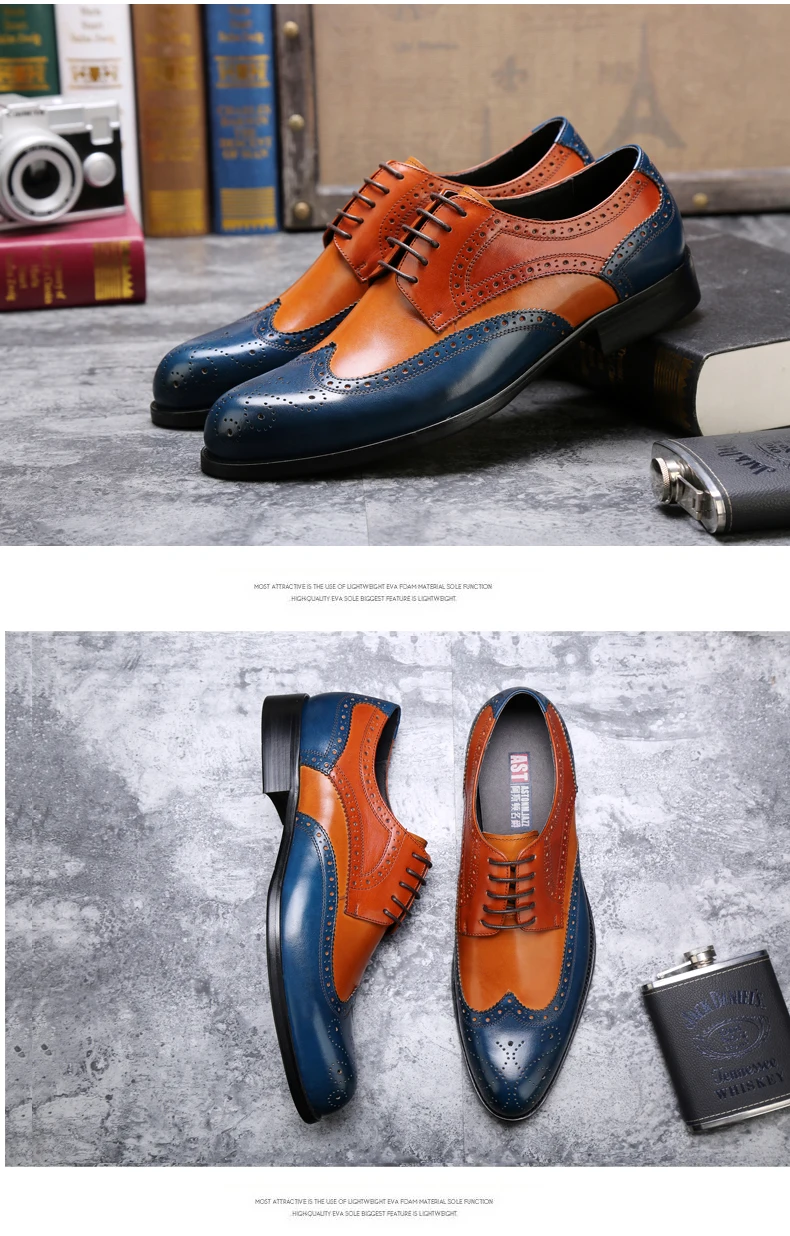 Men's Full Grain Leather Wedding Shoes Classical Business Oxfords Shoes Mixed Color Men's Dress Shoes Party Moccasin Dress Shoes (6)