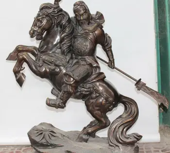

FREE SHIPPING 35"Huge Bronze Dragon Head Warrior GuanGong GuanYu God Ride Horse Horses Statue