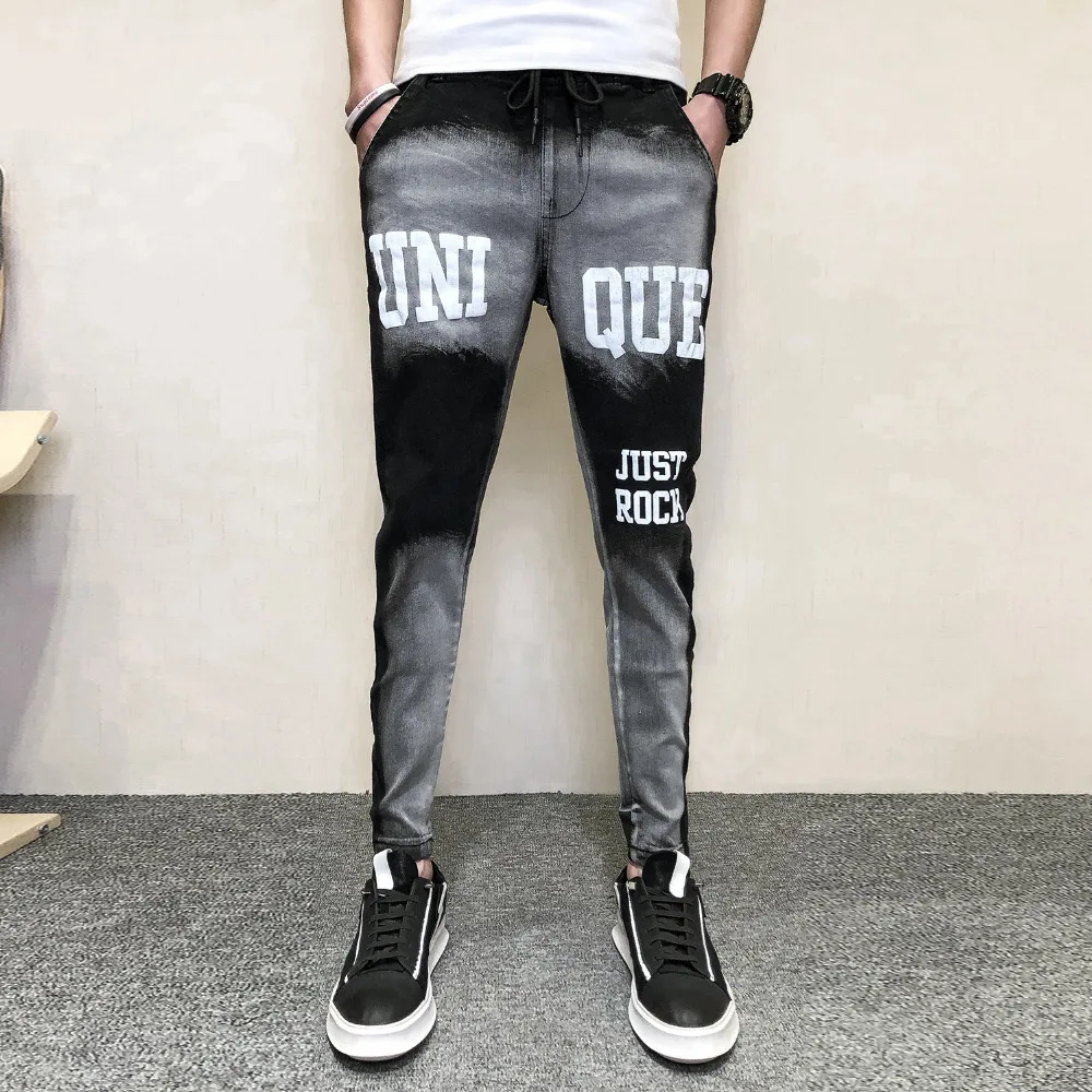 quality men slim fit jeans spring 2019 all match denim pants men streetwear letter jeans men casual hip hop trousers men