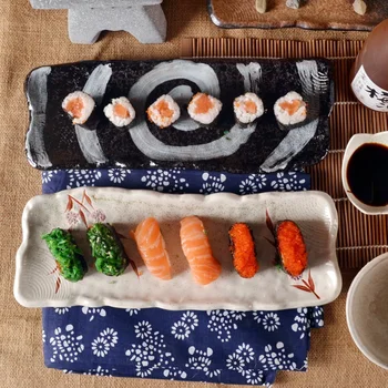 

guci Hot fish sushi special offer long disc bread plate ceramic plate roll Japanese rice and vegetable roll strip plate