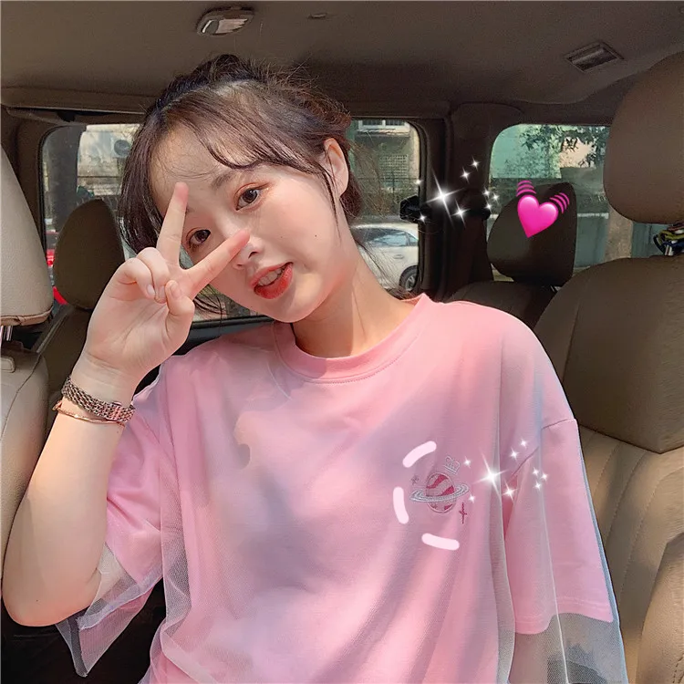 Женская футболка с вышивкой в стиле Харадзюку, Повседневная марлевая сетчатая Корейская одежда, Милая футболка градиентного цвета, модный винтажный Топ