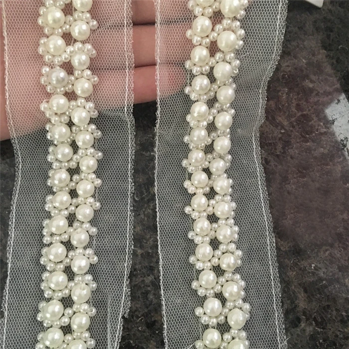 

5yards Fake Pearl Beaded Lace Trim Vintage Mesh Fabric Lace Ribbon Clothing Accessories Decorative Collar Lace Applique 2cm Wide