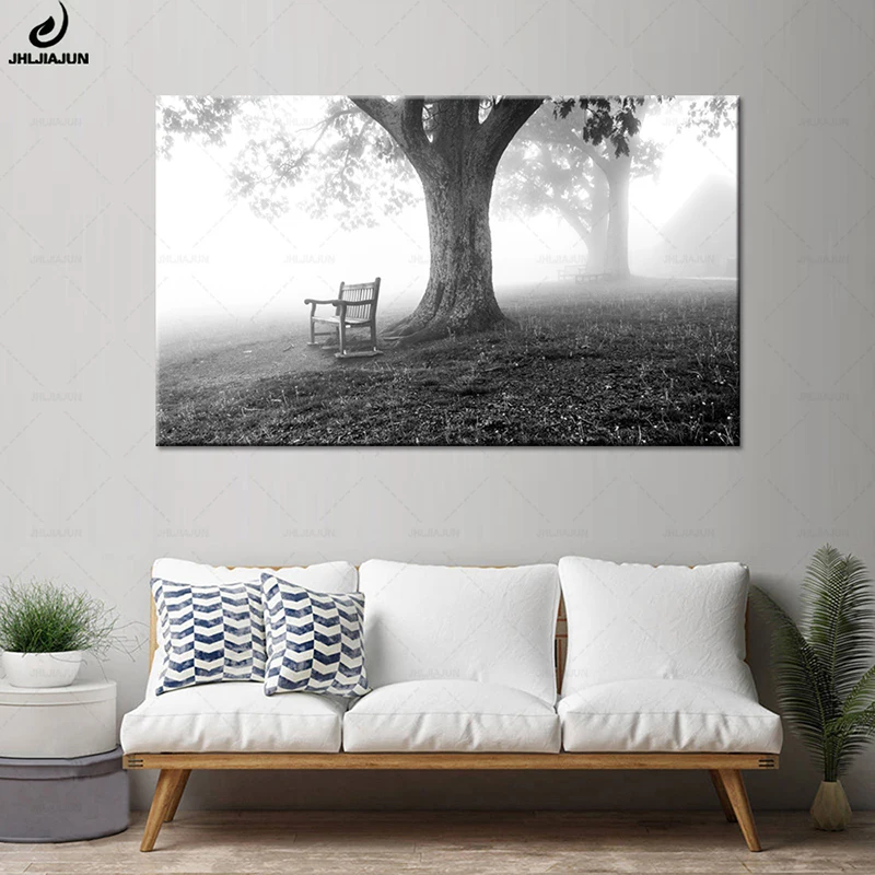 

JHLJIAJUN Canvas Painting Nature God Fog Forest Park Bench Landscape Art Wall Poster Poster Home Decor Wall Art Print Poster