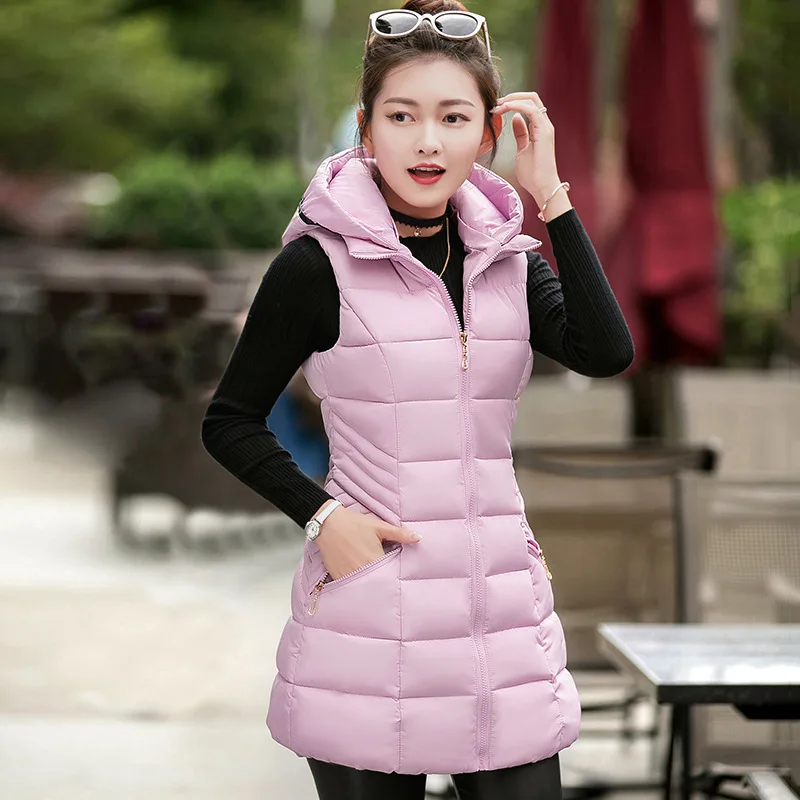 Women Winter Vest Waistcoat 2016 Women Long Vest Sleeveless Jacket Hooded Down Cotton Warm Vest Female Outerwear Plus Size L-3XL