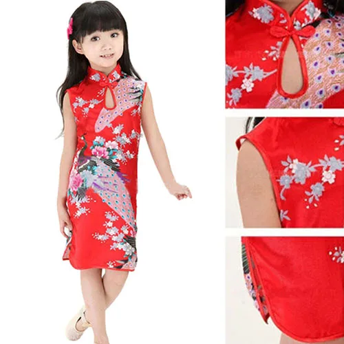 Children Girls Chinese Cheongsam Floral Peacock Lapel Sleeveless Summer Dress