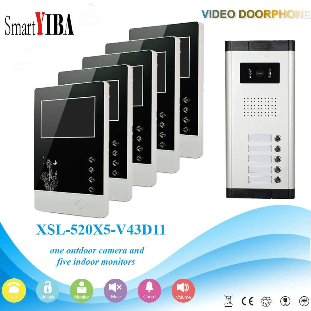 SmartYIBA 5 Units Apartments Doorphones For Private House Villa Video Door Phone Doorbell Intercom Kits Intercom System