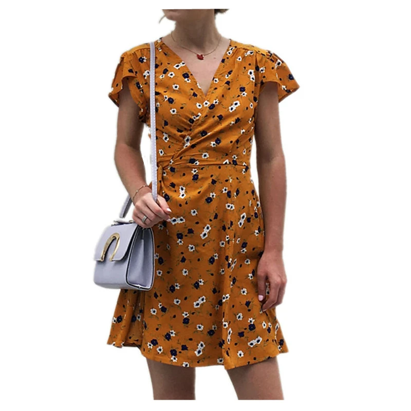 

Floral V-neck Wrap Summer Dress Women dress Casual Tunic Beach Dress Shirt Short Sexy Petal sleeve mini dress Robe Femme Dresses