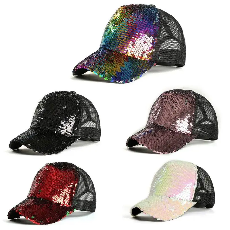 

Womens Unisex Messy Bun Ponytail Baseball Cap Reversible Magic Glitter Sequins Contrast Color Mesh Back Adjustable Trucker Hat