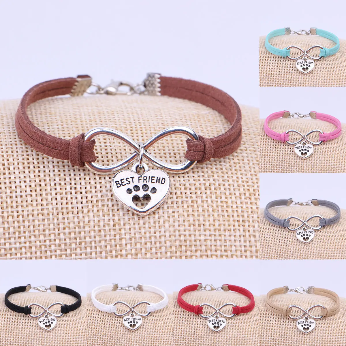 

New Ancient Silver Dogs Paw Best Friend Heart Charms Pendant Velvet Leather Infinity Bracelet Bangle Women Jewelry Holiday Gift