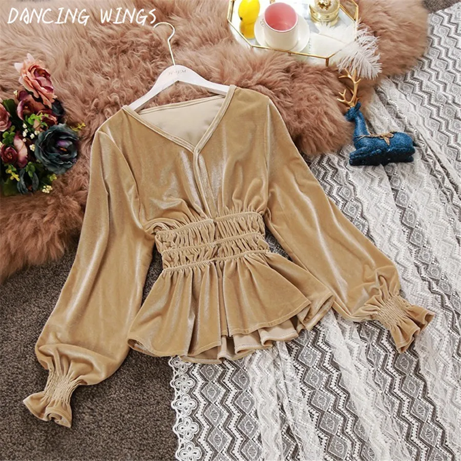 DANCING WINGS Spring Sexy V Neck Ruffled Lantern Sleeve Gold velvet Women Shirts Solid Color