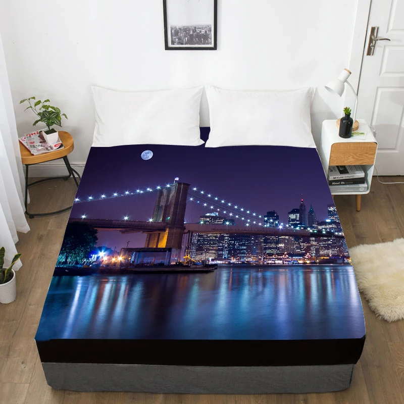 

3D HD Digital Printing Bed Sheet With Elastic,Custom Fitted Sheet Twin/Full/Queen/King,City Mattress Cover Bedding,Drop Shipping
