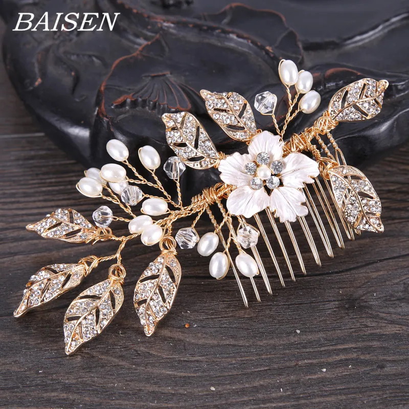 

Pearl Leaf Flower Hair Comb Gold Color Bridal Hair Comb Hair Accessories Wedding Head Jewelry Flower Headpiece