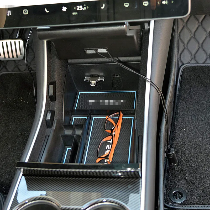 Car Center Console Organizer Tray Storage Box Coin for Tesla Model 3 Storage Armrest Box Phone Mount Pocket Sunglass Holder Container Black
