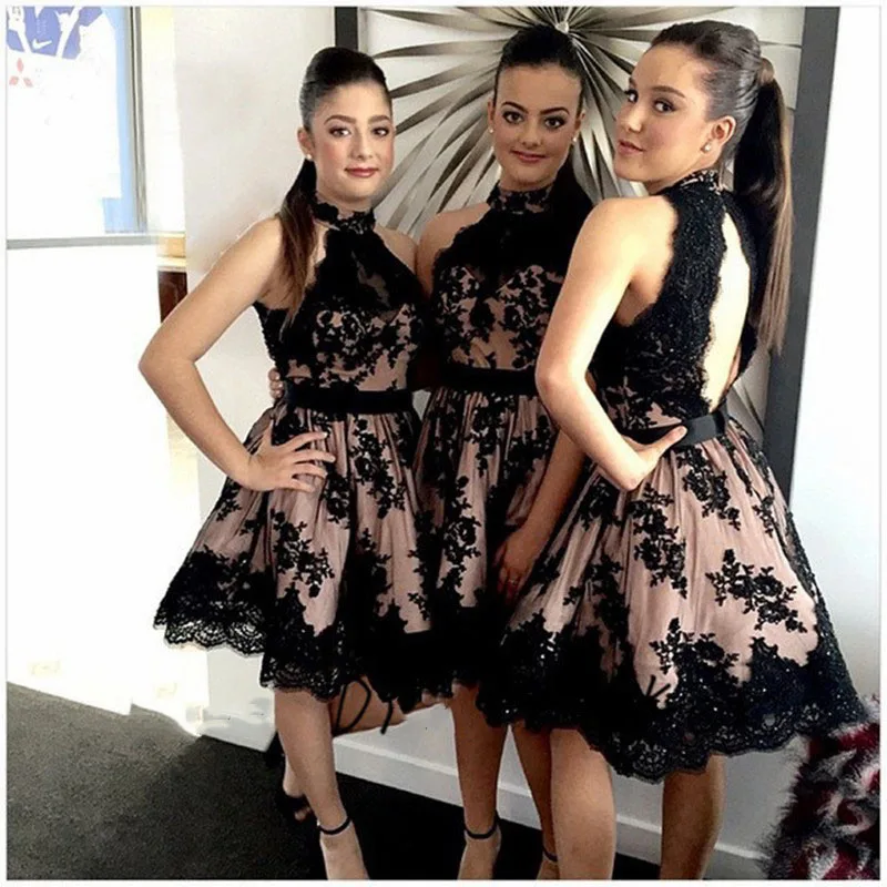 Oumeiya OMY350 Short Homecoming font b Dress b font 2016 High Neck Appliqued A Line Black