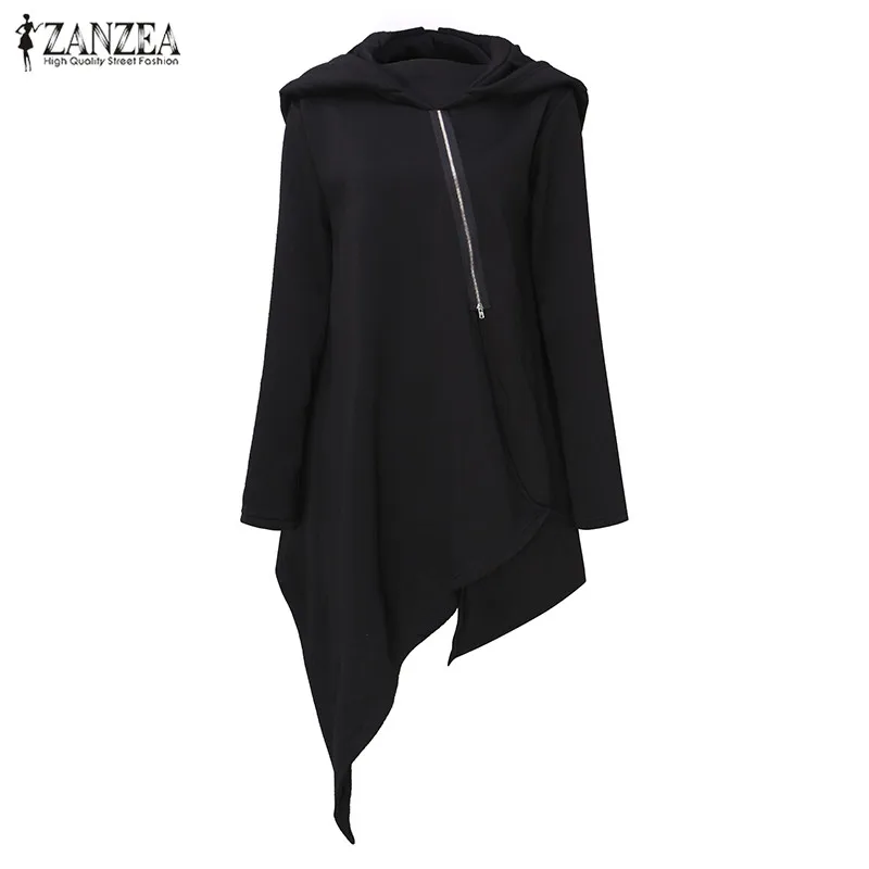 

ZANZEA Autumn Hooded Full Sleeve Sweatshirt Women Zip Irregular Hem Loose Casual Black Poncho Hoodies Pullover Outwear Plus Size