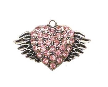 

100pcs a lot antique silver plated zinc studded with sparkling crystals Winged Heart Pink Crystal Pendant jewelry