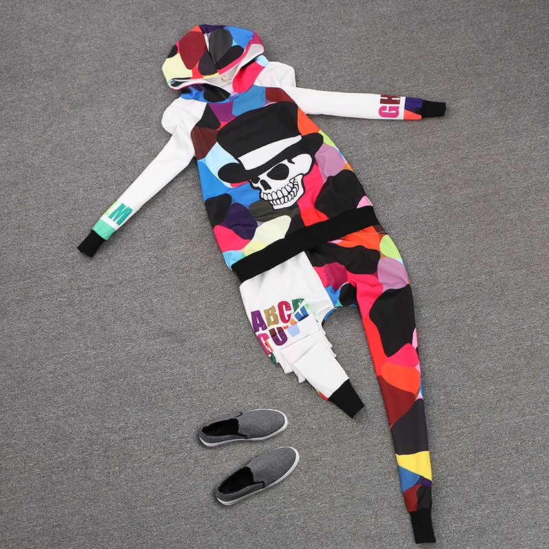 

High Street Women Tracksuits Spring Autumn Skull Head Colorful Print Hoody Tops And Pants Suts Clothing Set Hoodies NS260