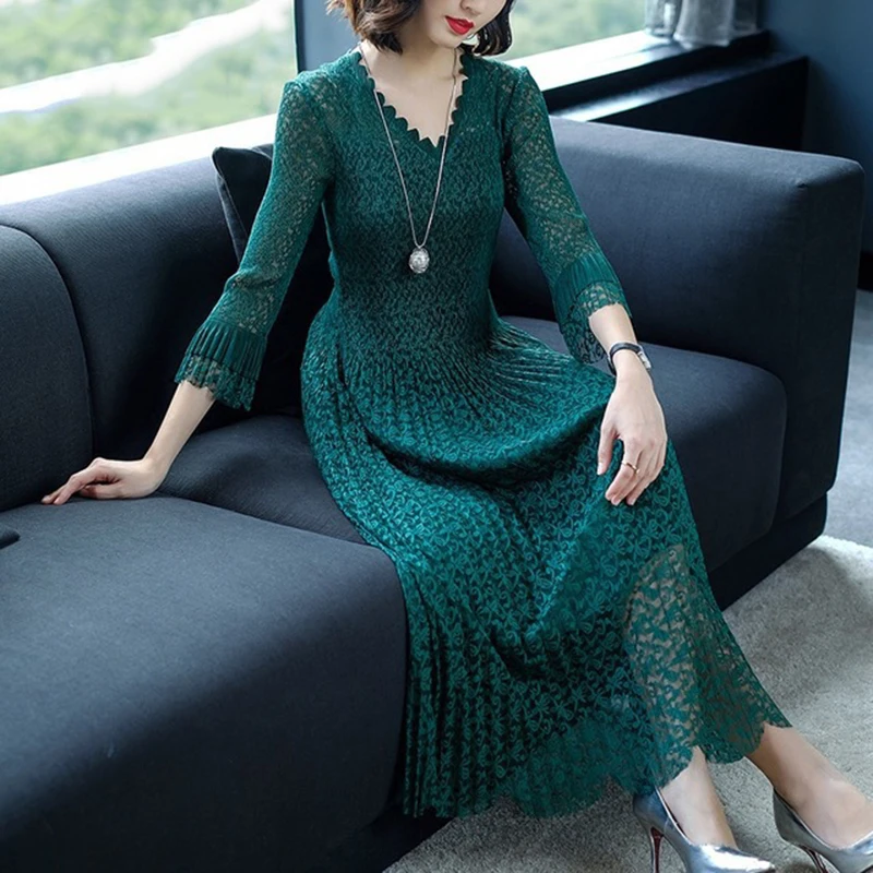 

LANMREM 2019 Spring Summer Fashion New Lace Dress Three Quarter Sleeve Large Size Elastic Pleated Clothing Elegant Dresses NA952