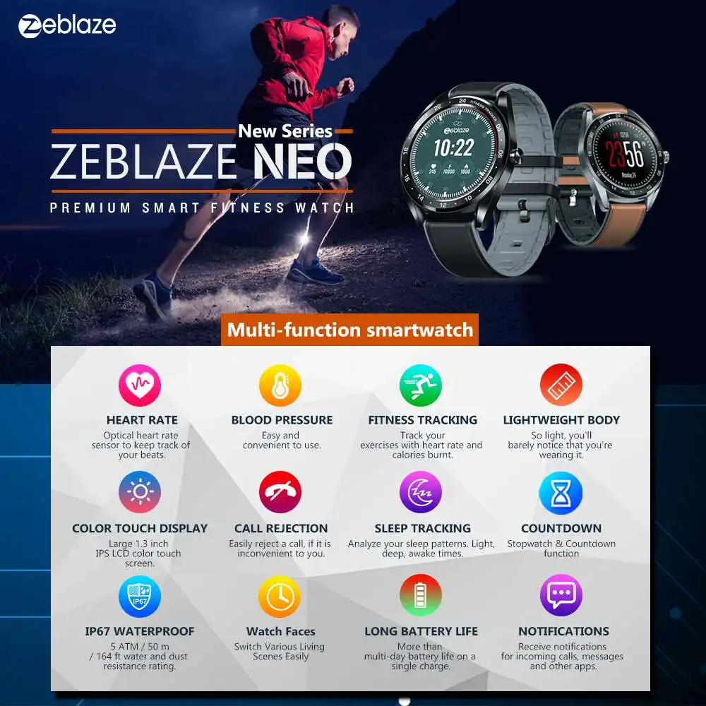 Смарт часы Zeblaze NEO с сенсорным экраном 1 3 дюйма тонометром и