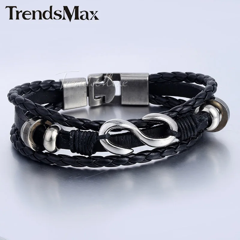 Trendsmax, мужской кожаный браслет, черный, коричневый, 3 нити, цепочка, кожаные браслеты для мужчин, Буква s, шарм,, ювелирное изделие, KLBM105 - Окраска металла: LB675 Black