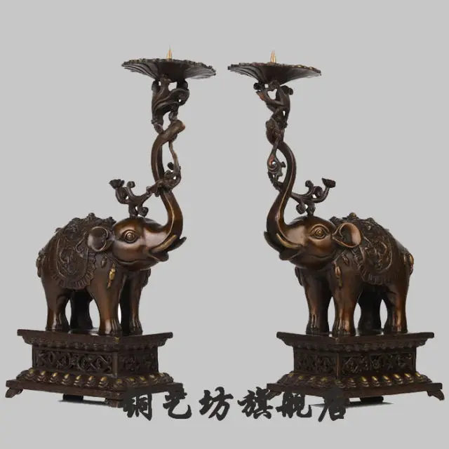 

13'' China Bronze Feng Shui A pair Elephant Dragon Candlestick Statue grosgrain ribbon summer style Decoration wedding Brass