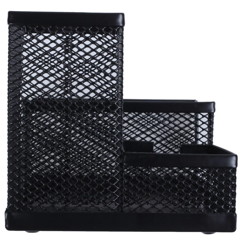  Students Office Desk Mesh Style 3 Compartments Metal Pen Holder Black
