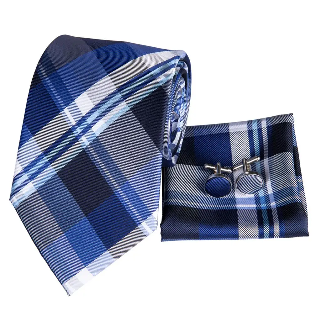 Hi-Tie синие мужские галстуки 8,5 см классические мужские синие галстуки Набор однотонных клетчатых полосатых шелковых галстуков и носовых платков Набор Запонок