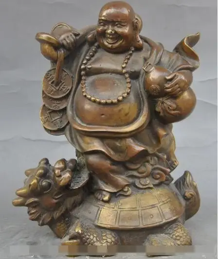 

S01184 8" china buddhism bronze Stand Dragon turtle wealth maitreya buddha money statue (B0328)