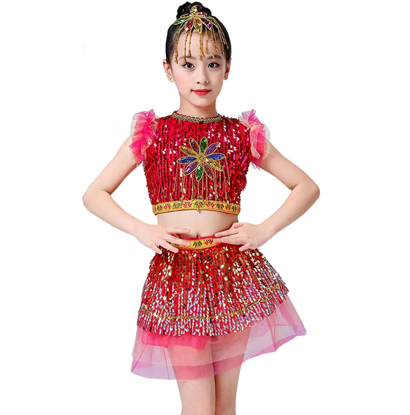 

New Children Jazz Dance Dress Girls Red Sequins Princess Modern Dance Costumes For Kids Halloween Costume Performance Suit