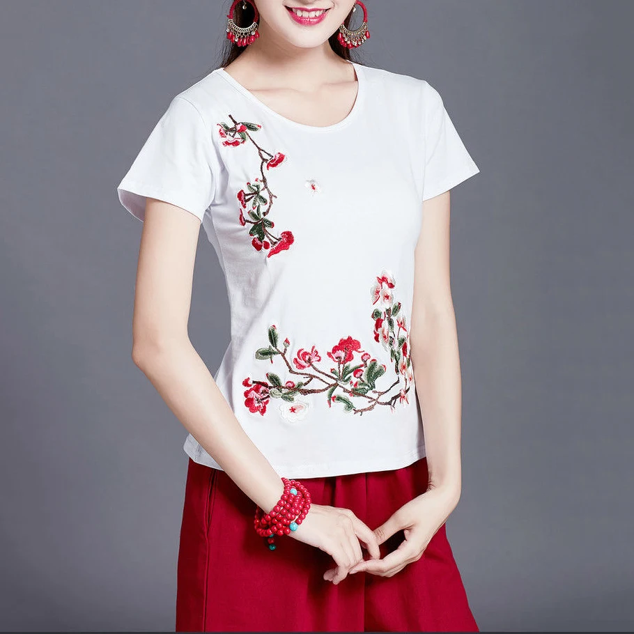 Embroidered Flower Neckline White Short Sleeve Shirt Womens