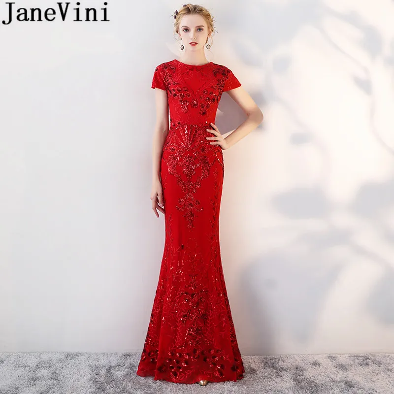 

JaneVini Sexy Red Long Bridesmaid Dresses Mermaid Short Sleeve Shiny Sequined Formal Wedding Party Dresses For Women Gown 2019