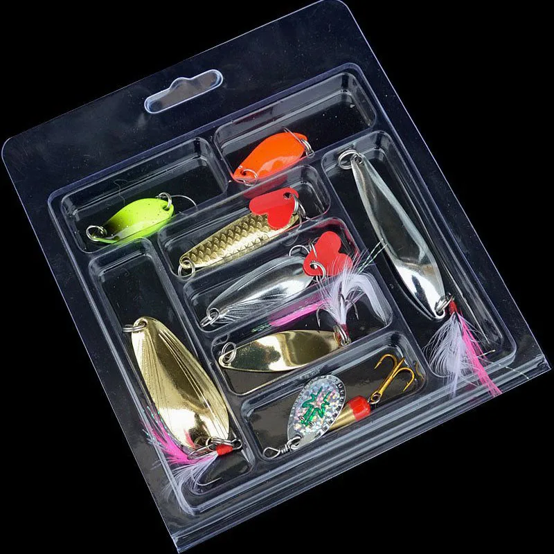 

Fishing Lure Metal Spoons Jigbait Colorful Feather Jig Treble Hook Artificial Lures 8 Pieces Set