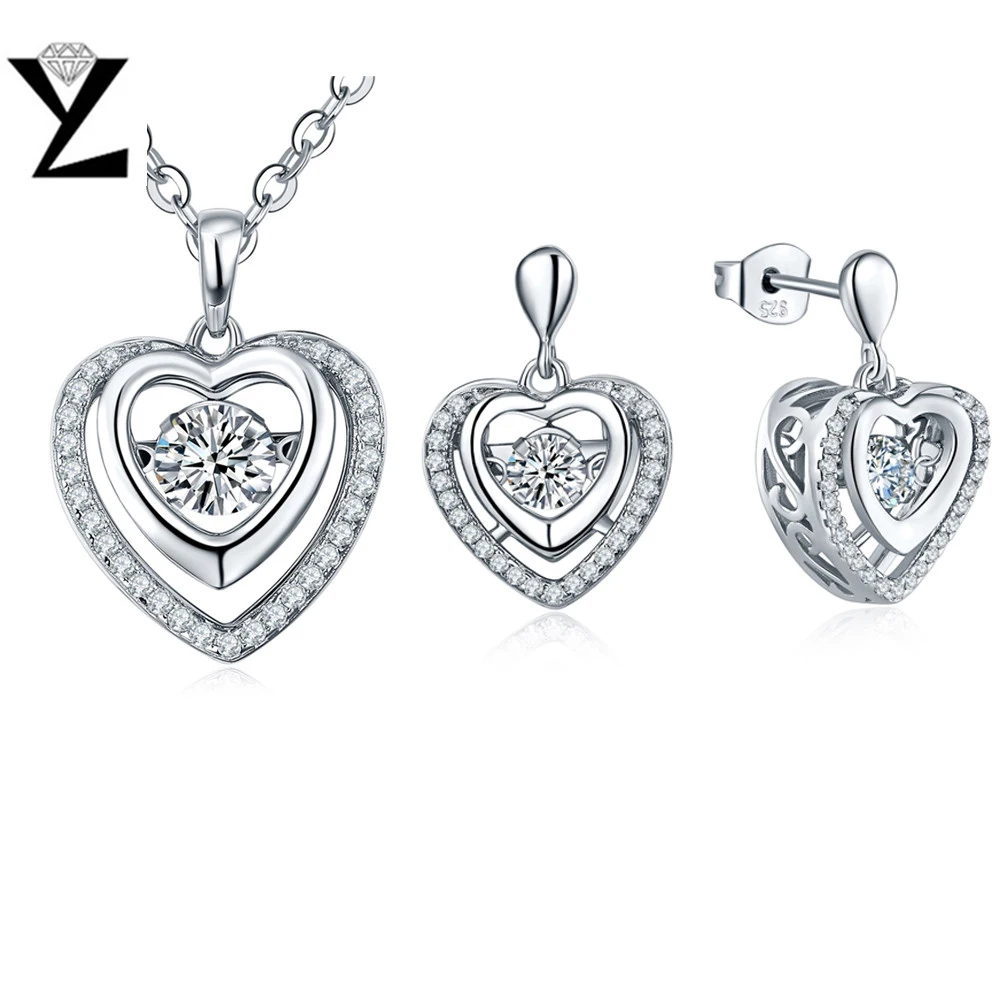 YL Heart 925 Sterling Silver Jewelry Sets with Dancing Topaz Natural Stone Necklace and Earrings for Women Wedding Fine Jewelry