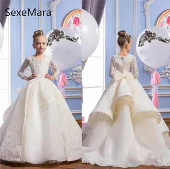 Gorgeous Girls Pageant Dresses Long Sleeves with Pearls Beads First Communion Dresses V Neck Lace Flower Girls Dresses Ball Gown tulle glitz pageant dresses long flower girls dresses for wedding gowns ball gown girls first communion mother daughter dresses