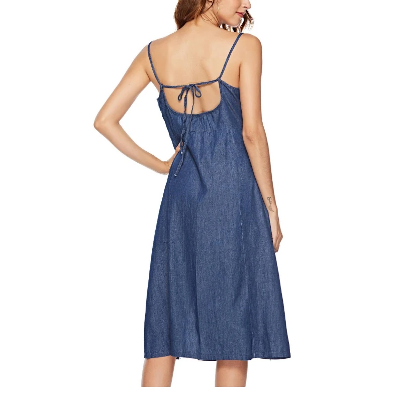 Washed Women Overalls Denim Dress Sleeveless Single-Breasted Buttons Denim Dresses For Women Casual Split Strap Jeans Dress Midi