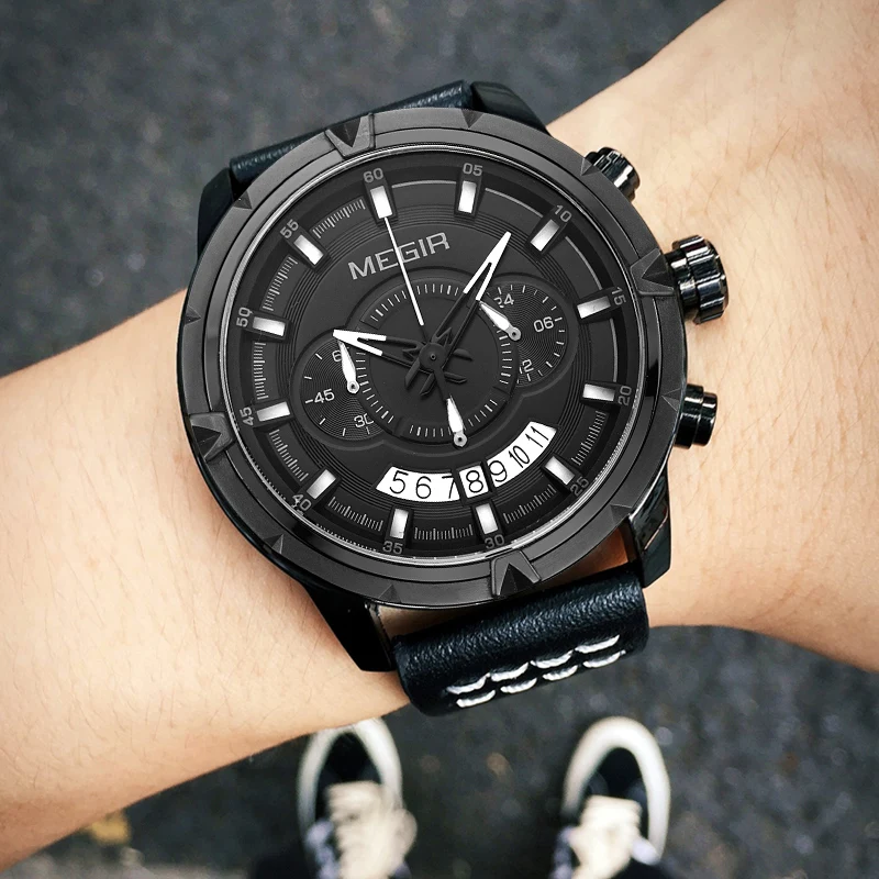 

MEGIR Men's Creative Military Sports Watches Fashion Waterproof Quartz Wrist Watch Leather Strap Clock Male Relogio Masculino