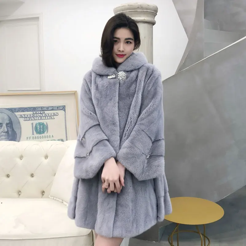 

Real Mink Fur Women long Length Coat with Hood Winter Thick Slim Warm Female Mink Fur Loosen Jacket