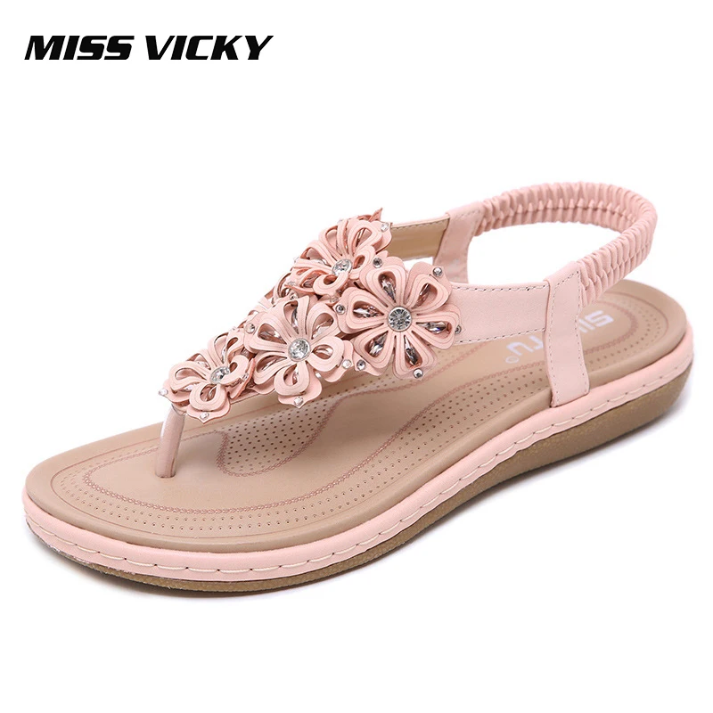 

MISS VICKY 2019 New Women's Sandals Bohemian Rhinestone Flowers Comfortable Flat Shoes