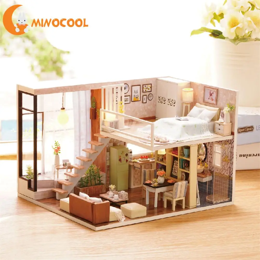 

DIY Wooden Doll House Toy Dollhouse Miniature Assemble Kit With Led Furnitures Handcraft Miniature Dollhouse For Children Birth