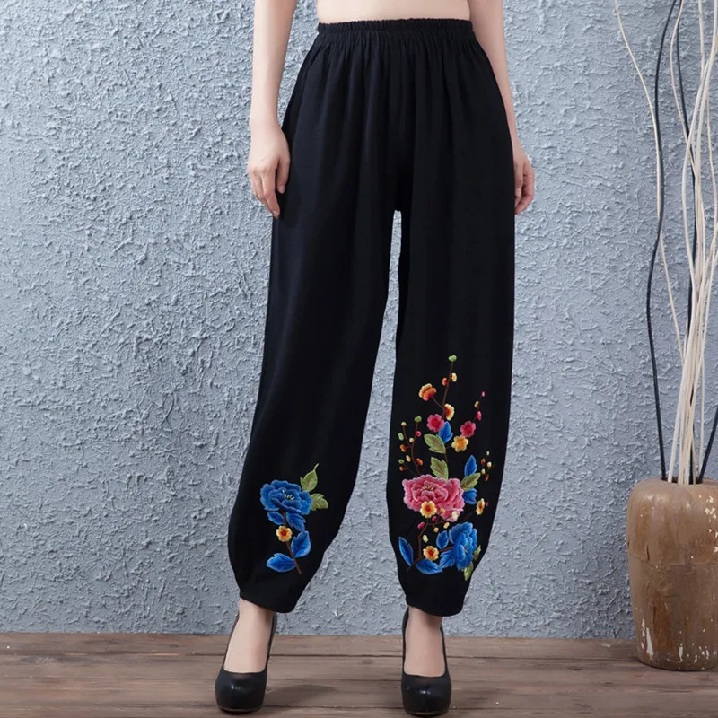 

Embroidery harem pants for women plus size ealstic waist bloomers capris casual spring autumn high waist national trend yym0801